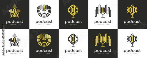 Set Collections of Podcast Logos and Symbols, Icons with Studio Microphone for Broadcast,News and Radio Streaming.