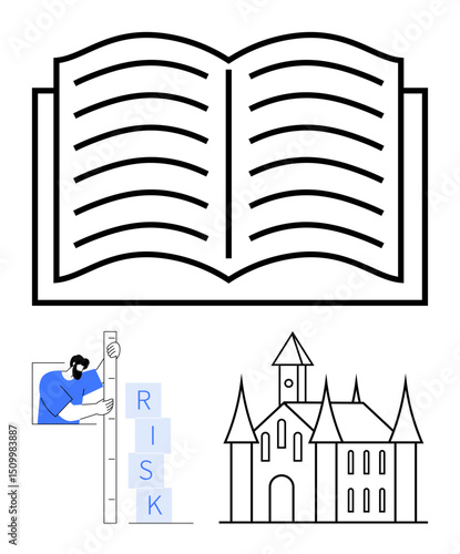 Open book with text lines, person stacking RISK blocks, and Gothic-inspired building outline. Ideal for education, analysis, creativity, history, architecture, strategy simple landing page