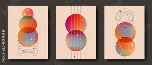 Bauhaus style music posters with abstract geometric shapes. Minimalist compositions with translucent gradient circles, vertical lines and curves, stars and twinkles. Retro decorative wall art set.