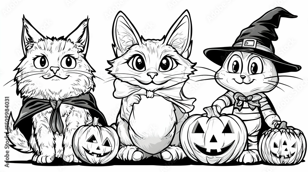 Fototapeta premium Three Cute Kittens in Halloween Costumes with Pumpkins