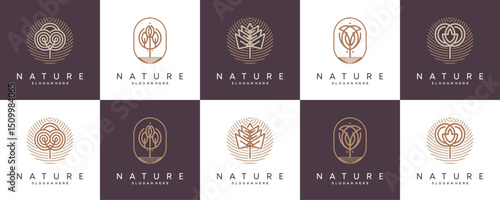 Collections of Botanical Nature based Outline Logo Design Inspirations. Abstract Vector of Floral Decorative, Tree Line Art Concept.