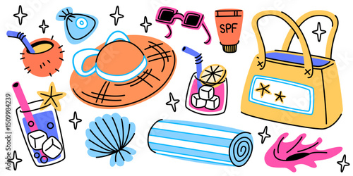 Retro tropical summer doodle set - hat and sunglasses, seashell and cocktails glasses, beach towel and bag in fun bright colors. Cute stickers elements for vacation, travel and holiday design.