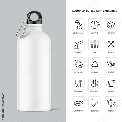 Aluminium bottle water with carabiner mockup with set icons. Vector illustration isolated on grey background. Ready for your custom design. EPS10.