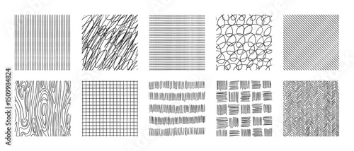 Set of hand drawn crosshatch textures - various pencil shading techniques creating patterns, abstract shapes, curved lines and scribbles. Monochrome sketch style graphic design elements collection.