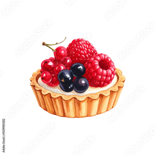 Berry Tartlet Delight: A delectable miniature tartlet, overflowing with fresh raspberries, currants, and blueberries on a bed of creamy filling, showcasing the beauty of culinary craftsmanship.