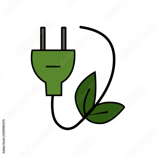 Green energy plug icon with leaf, flat vector symbol for eco electricity and sustainable power