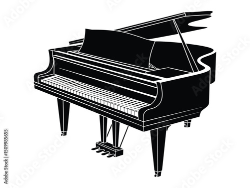 Elegant black and white grand piano illustration showing keys and soundboard isolated on white