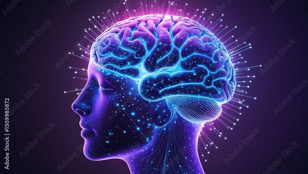 Obraz premium Human Brain Neural Network Connection with Glowing Light Rays and Dots