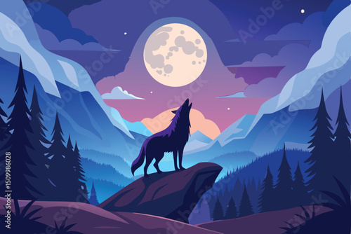 Wolf Howling at the Moon in a Mountain Landscape Illustration