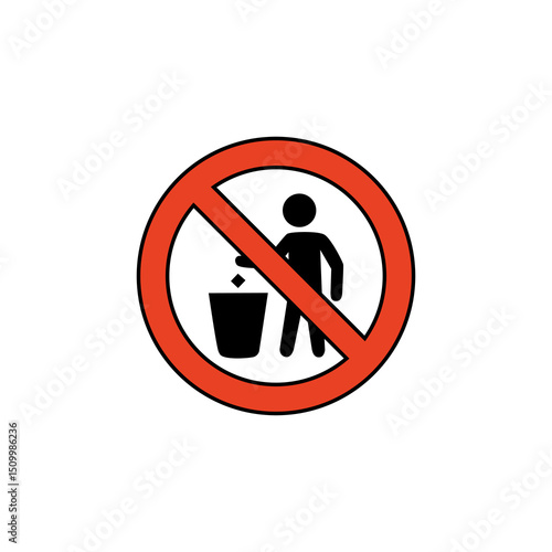 No littering prohibition sign with person and trash icon, flat vector for environmental responsibility