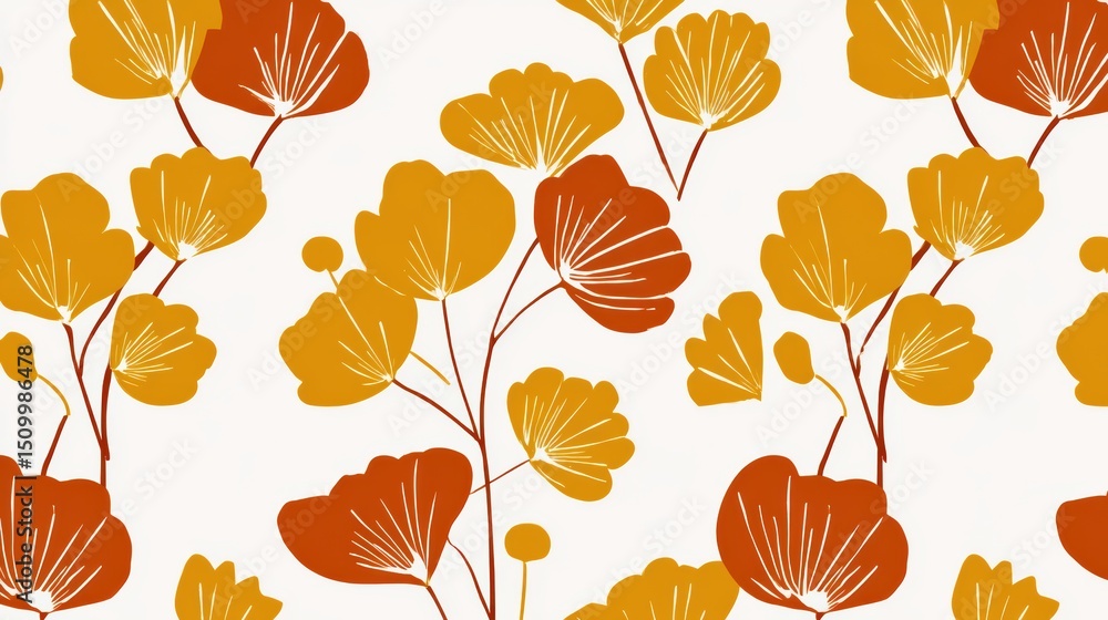 Obraz premium Modern floral pattern with mustard yellow and burgundy accents on beige background, abstract bohemian geometric repeat design for textiles and home decor