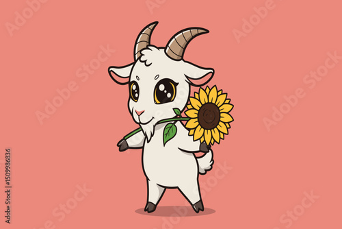A theatrical goat performs a graceful bow with a flower gesture.