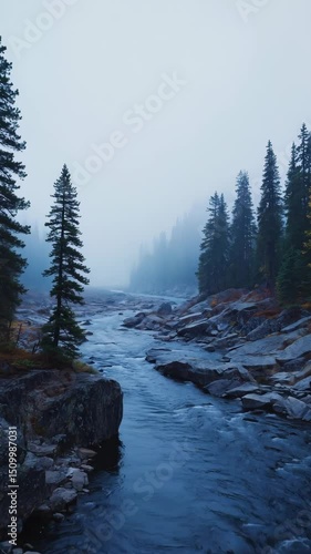 misty nordic river flowing between evergreen forests and rocky banks under foggy sky calm wilderness scene with cold blue tones concept of eco tourism, wilderness retreat, editorial storytelling