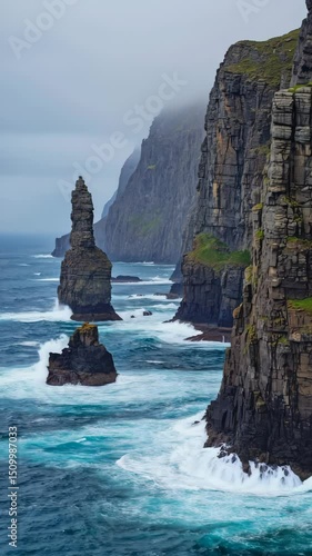 rugged nordic sea cliffs with sharp rock stacks emerging from blue ocean under misty sky powerful waves crashing against stone coastline concept of adventure travel, environmental awareness, editorial