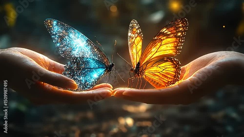 Hands holding magical glowing butterflies representing transformation and beauty