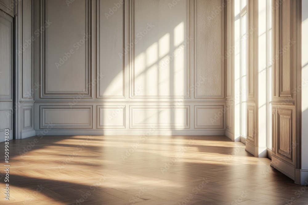 Fototapeta premium Sunlit empty room with paneled walls, hardwood floors, and tall windows