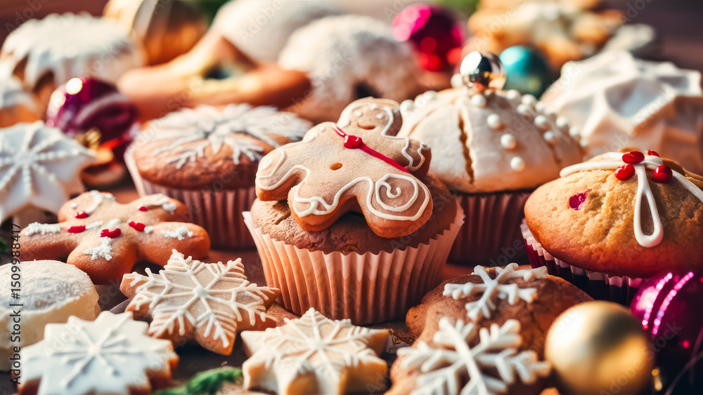 Holiday Baking. A close-up Christmas cookies, cakes, or other treats, perfect for promoting baking supplies or culinary classes. Concept of baking, patisserie, cooking and christmas concept. Holiday Baking. A close-up Christmas cookies, cakes, or other treats, perfect for promoting baking supplies or culinary classes. Concept of baking, patisserie, cooking and christmas concept.