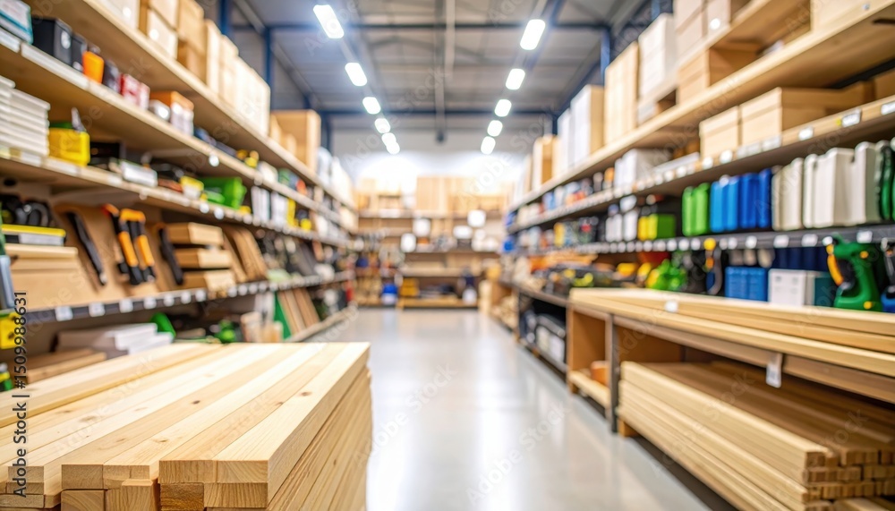 Obraz premium Exploring diy hardware store aisle power tools paint swatches and wooden planks in a modern warehouse environment