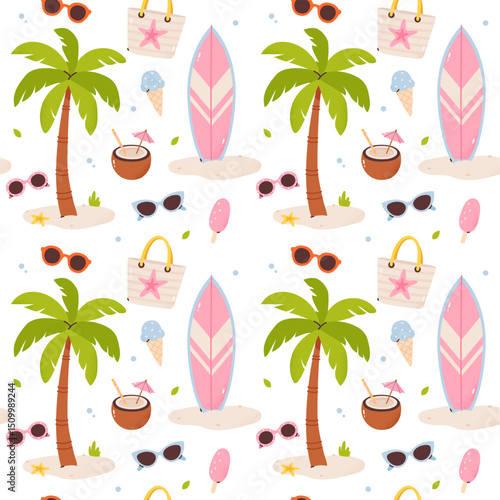 Seamless summer beach pattern. Cute and bright cartoon style on white background. Perfect for textile design, wrapping paper, packaging, wallpapers, web backgrounds, and summer-themed projects.