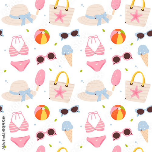 Seamless summer beach pattern. Cute and bright cartoon style on white background. Perfect for textile design, wrapping paper, packaging, wallpapers, web backgrounds, and summer-themed projects.
