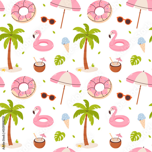 Seamless summer beach pattern. Cute and bright cartoon style on white background. Perfect for textile design, wrapping paper, packaging, wallpapers, web backgrounds, and summer-themed projects.