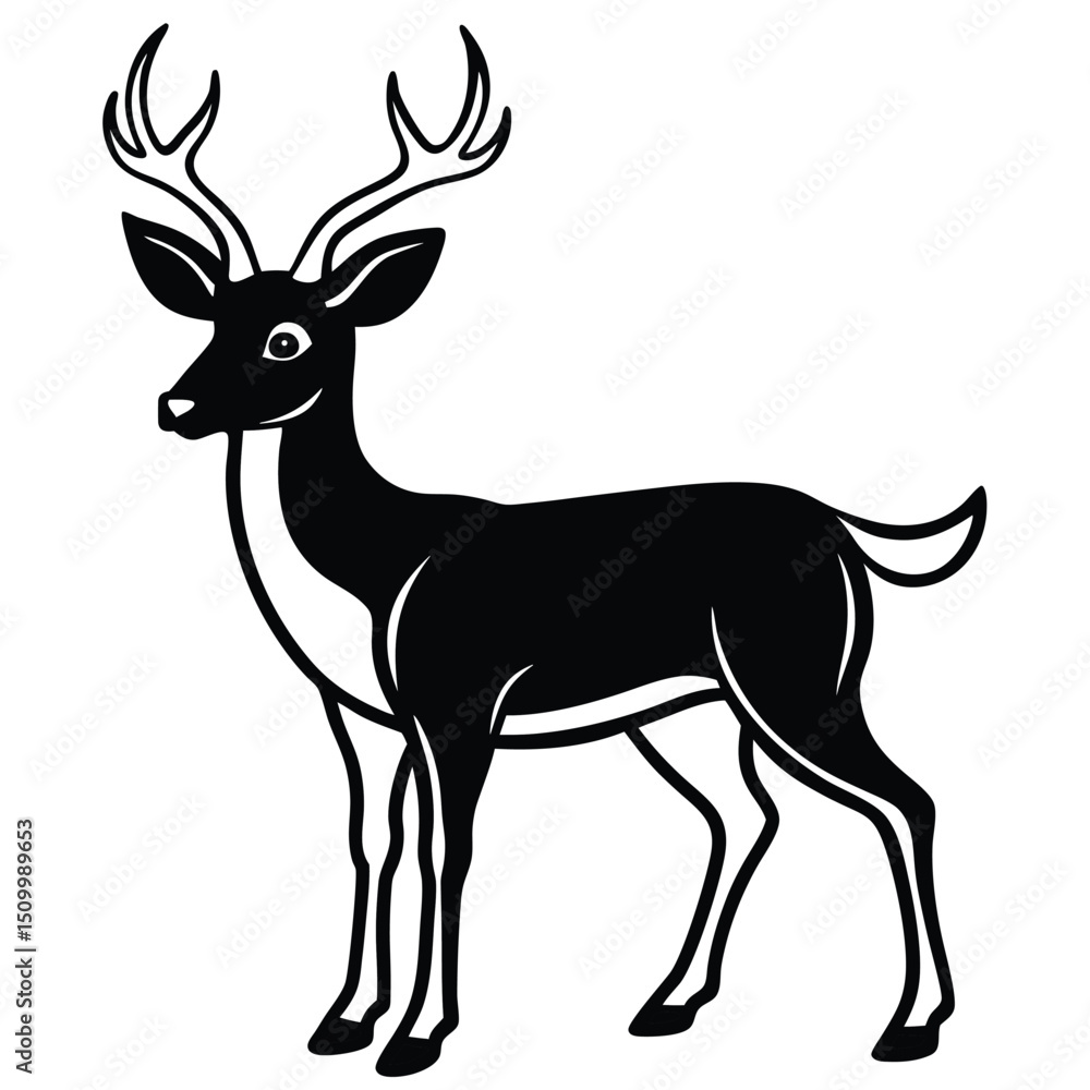 Elegant Black and White Deer Illustration Standing with Graceful Antlers Elegant Black and White Deer Illustration Standing with Graceful Antlers
