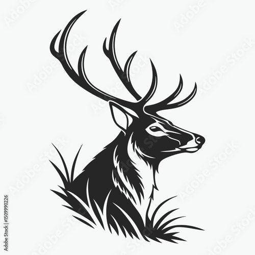 Elegant Black and White Deer Head with Antlers in Grass Illustration