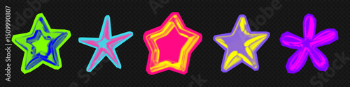 Y2k 3d punk neon colors light chrome halftone stars shape retro abstract vector illustration sticker set. Chrome silver 3d metallic halftone semitone retro effect bright neon color star collection.