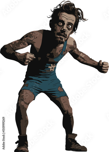 A brutal Zombie Wrestler in a rotting singlet, ready to fight,