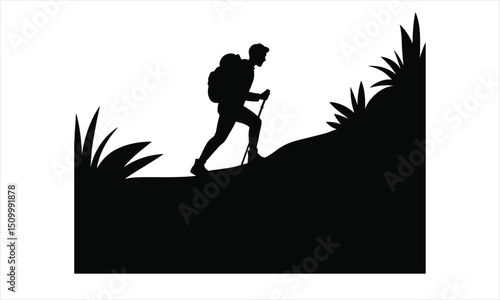 Silhouette of hiker ascending hillside landscape