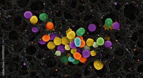 Vibrant Microbial Colony Displayed on Mesoporous Carbon Substrate Under Microscopy