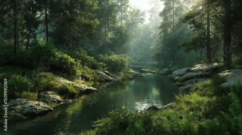A serene forest river flows through lush green foliage, bathed in soft sunlight filtering through the trees, creating a peaceful scene
