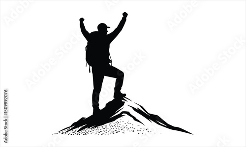 Hiker silhouette triumphant mountain peak success