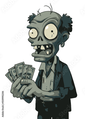 A deceptive Zombie Con Artist with a rotting grin, holding fake money,