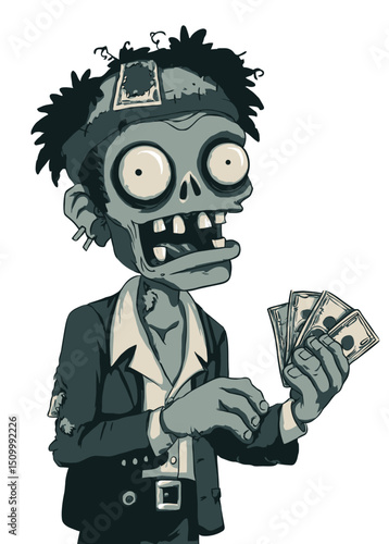 A deceptive Zombie Con Artist with a rotting grin, holding fake money,