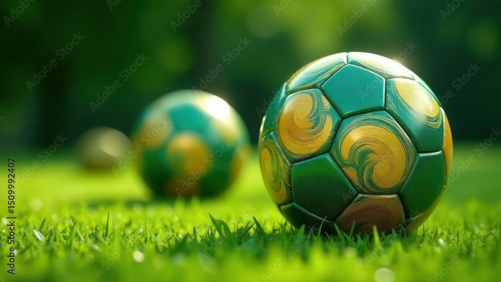 Naklejka premium A vibrant green soccer ball with golden swirls rests on lush green grass, two additional out-of-focus balls in the background suggest a game about to begin