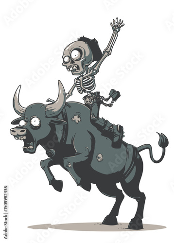 A fearless Zombie Bull Rider clinging to a skeletal beast,