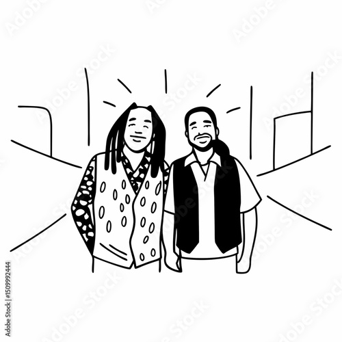 Two men with dreadlocks standing together in an urban street isolated on white background