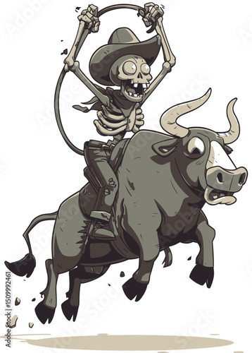 A fearless Zombie Bull Rider clinging to a skeletal beast,
