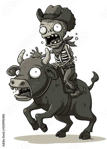 A fearless Zombie Bull Rider clinging to a skeletal beast,