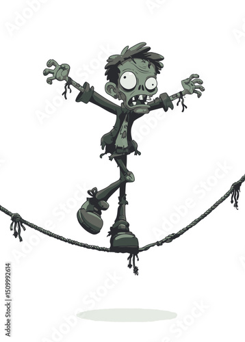A fearless Zombie Tightrope Walker balancing on a frayed rope,