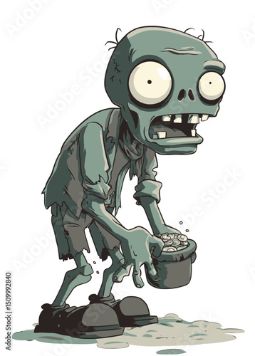 A greedy Zombie Treasure Hunter digging for gold with skeletal hands,