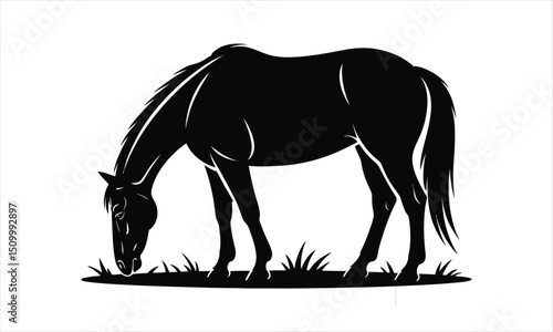 Black silhouette horse grazing in pasture