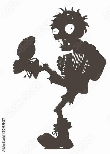 A haunting Zombie Street Performer playing a broken instrument,