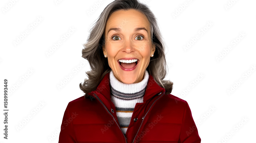 Excited mature woman with open mouth and jacket, cut out transparent Excited mature woman with open mouth and jacket, cut out transparent