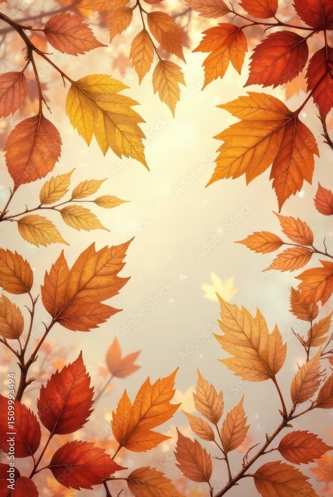 Fototapeta premium Autumnal Leaves Frame A Serene Image of Golden and Red Foliage Encircling a Soft, Light Background