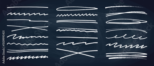 Underline stroke chalk scribbles doodle line collection on chalkboard. Hand drawn outline sketch wave brush mark elements crosshatch rough dividers set for text highlight underline emphasis