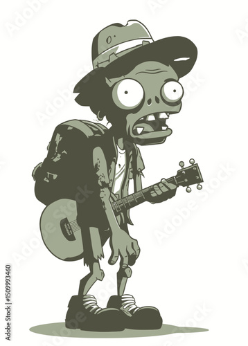 A lonely Zombie Busker singing with a decayed voice,