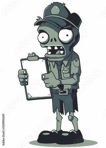 A menacing Zombie Ticket Inspector with a rotting clipboard,