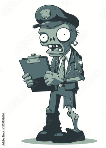 A menacing Zombie Ticket Inspector with a rotting clipboard,